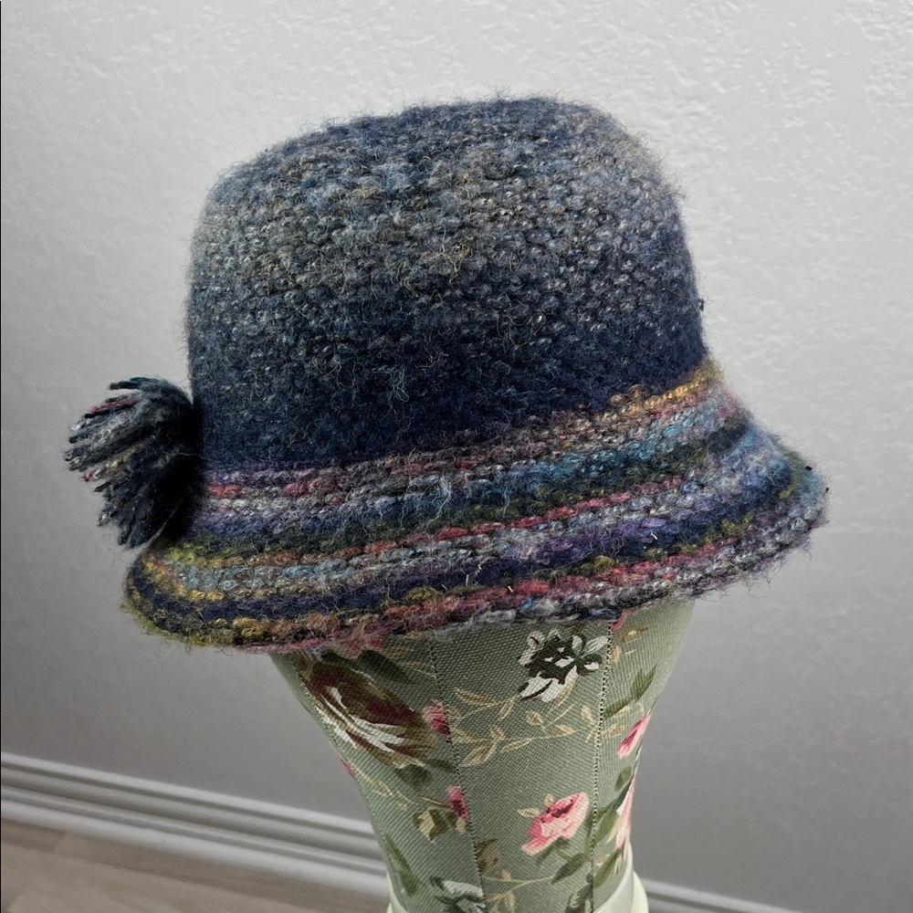 Vintage Four Buttons Blue and Multicolor Wool Blend Bucket Hat Pom Pom accent